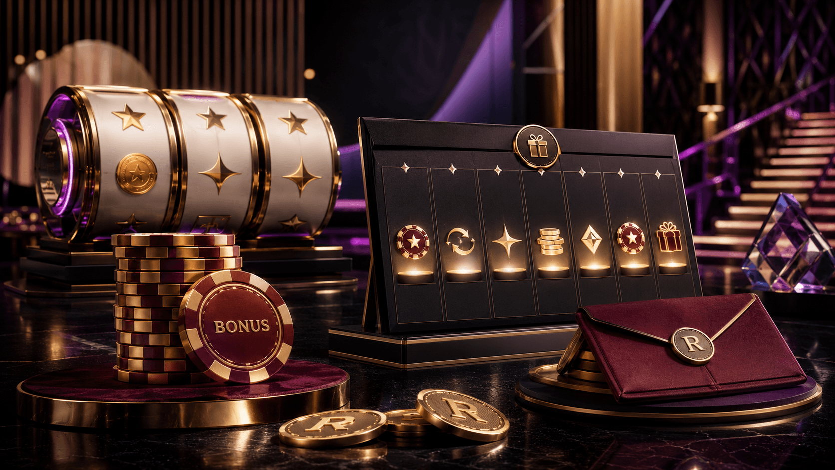 Online casino promotions with welcome bonus chips, free spins, cashback calendar, payday rewards, and rand currency cues