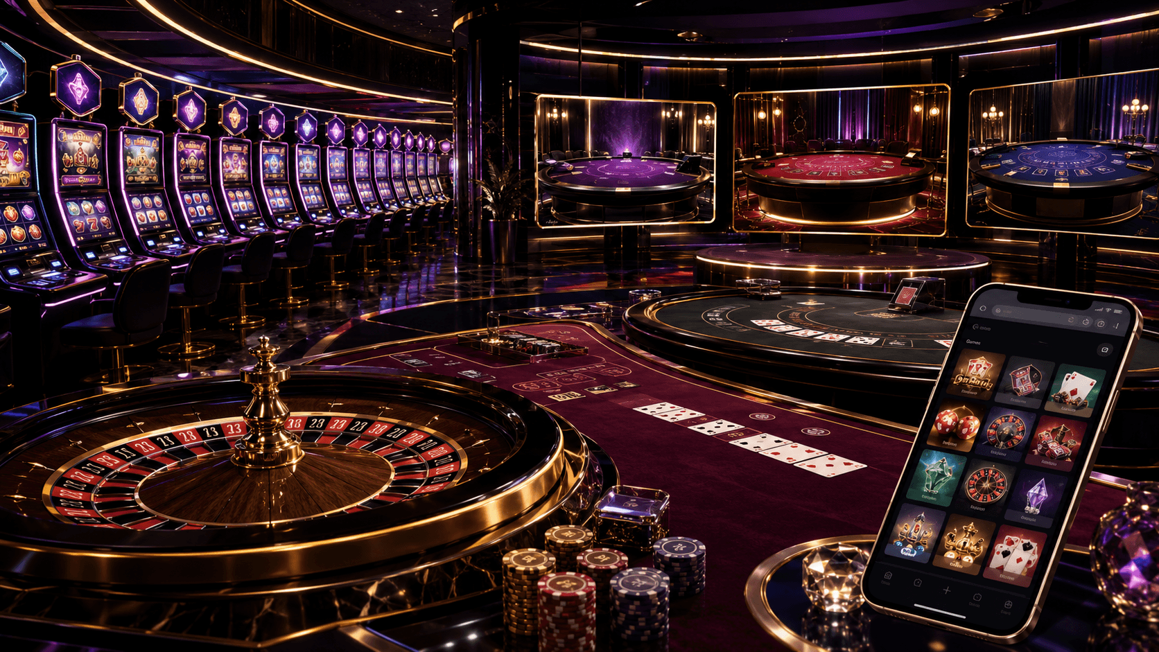Casino game library with colorful slots, roulette, blackjack, baccarat, live dealer screens, and mobile browser play