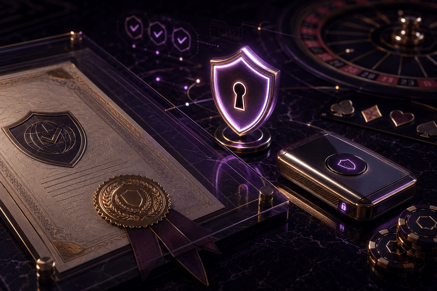 Casino licence, player verification, encrypted account access, and responsible gaming protection concept
